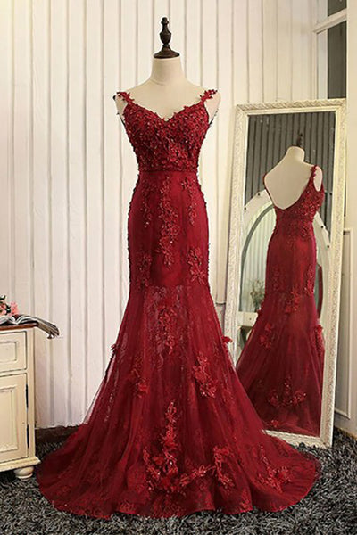 Mermaid V-Neck Sweep Train Dark Red Tulle Prom Dress with Appliques Beading LR356