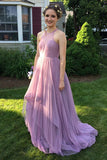 A-Line Jewel Sweep Train Lilac Chiffon Sleeveless Prom Dress with Pleats LR383