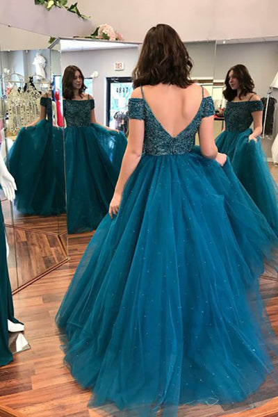 Ball Gown Off-the-Shoulder Sweep Train Dark Blue Tulle Prom Dress with Beading AHC506 | ballgownbridal