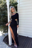 Sheath One-Shoulder Long Sleeve Black Cut Out Long Split Prom Dress PDA379 | ballgownbridal