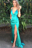 Mermaid Deep V-Neck Backless Sweep Train Turquoise Prom Dress PDA524 | ballgownbridal