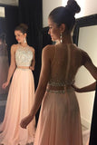 A-Line Jewel Sweep Train Pearl Pink Chiffon Sleeveless Prom Dress with Beading LR106