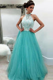 A-Line High Neck Sweep Train Turquoise Tulle Prom Dress with Appliques AHC506 | ballgownbridal