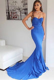 Mermaid Sweetheart Sweep Train Blue Satin Sleeveless Prom Dress LR359
