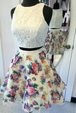 Two Piece Round Neck Ivory Printed Chiffon Homecoming Dress with Lace PDA079 | ballgownbridal