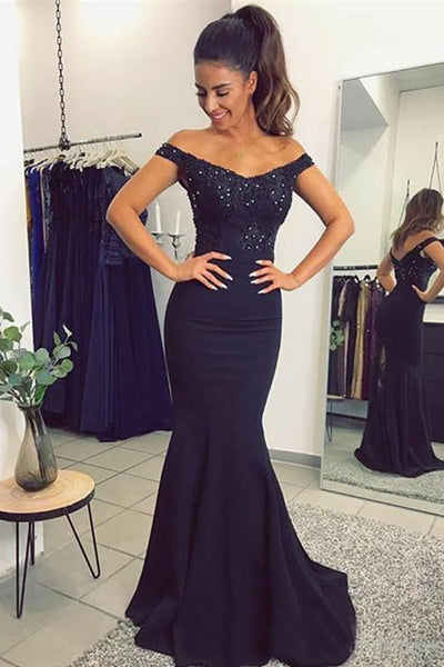 Mermaid Off-the-Shoulder Sweep Train Navy Blue Prom Dress with Beading Appliques PDA523 | ballgownbridal