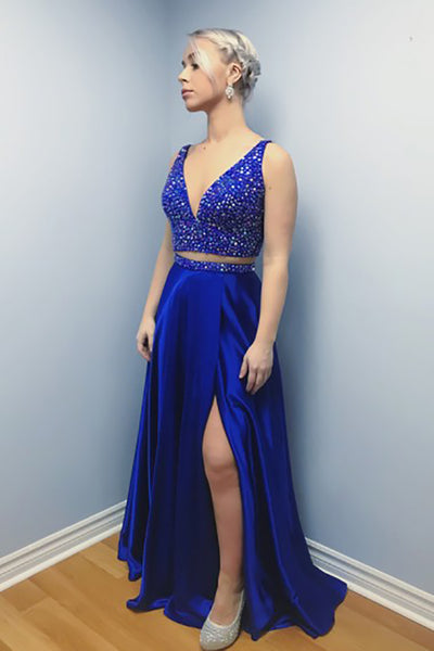 Two Piece V-Neck Sweep Train Royal Blue Prom Dress with Beading Split LR29