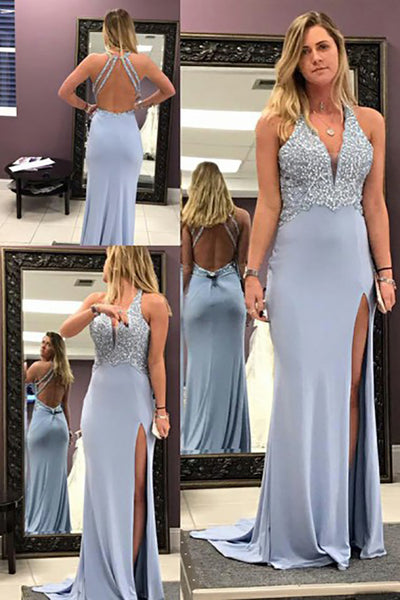 Mermaid Deep V-Neck Sweep Train Blue Split Open Back Prom Dress with Beading LR175