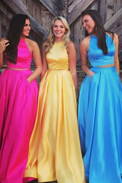 Two Piece Jewel Sweep Train Yellow Satin Open Back Prom Dress with Pockets LR226