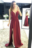 A-Line Spaghetti Straps Sweep Train Dark Red Satin Split Sleeveless Prom Dress LR249