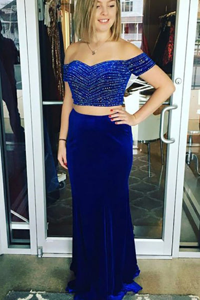 Two Piece Off-the-Shoulder Swewep Train Royal Blue Velvet Prom Dress with Beading LR203