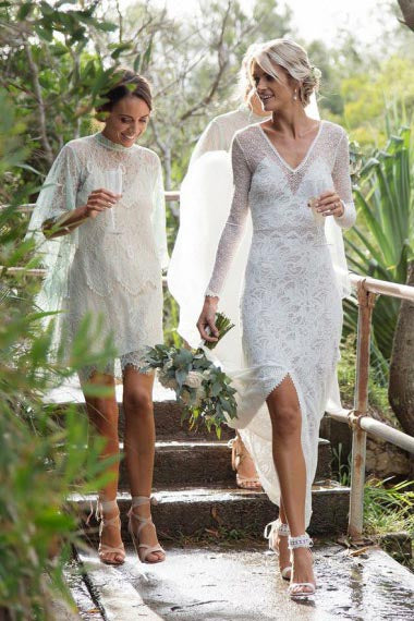 Sheath V-Neck Long Sleeves Court train Backless Ivory Lace Wedding Dress AHC589 | ballgownbridal