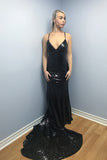 Mermaid Spaghetti Straps Backless Sweep Train Black Sequined Prom Dress LR28
