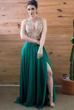 A-Line High Neck Split Dark Green Chiffon Prom Dress with Beading LR418