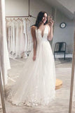 Simple Deep V Neck Wedding Dresses with Appliques PDA176 | ballgownbridal