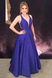 A-Line Deep V-Neck Criss-Cross Straps Royal Blue Satin Pleats Prom Dress AHC530 | ballgownbridal