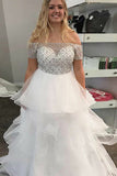 A-Line Off-the-Shoulder Sweep Train White Tulle Prom Dress with Beading Ruffles LR166