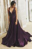 A-Line Deep V-Neck Court Train Criss-Cross Straps Grape Satin Prom Dress LR368 | ballgownbridal