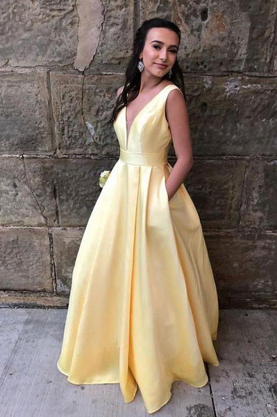 Light Yellow Satin V Neck Long Senior Prom Dress PDA515 | ballgownbridal