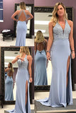 Mermaid Deep V-Neck Sweep Train Blue Split Open Back Prom Dress with Beading LR175