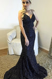 Mermaid Deep V-Neck Sweep Train Criss-Cross Straps Black Sequined Prom Dress LR303