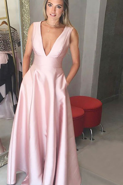 A-Line Deep V-Neck Floor-Length Pink Satin Sleeveless Backless Prom Dress LR487 | ballgownbridal