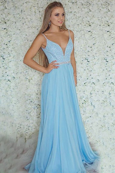 A-Line Deep V-Neck Sweep Train Blue Tulle Sleeveless Prom Dress with Beading LR181