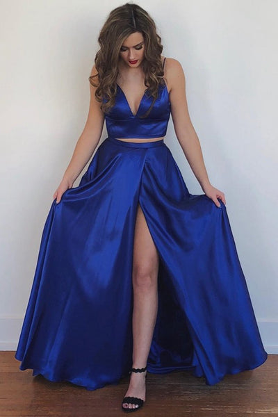 Two Piece Spaghetti Straps Backless Royal Blue Long Prom Dress with Split Pockets PDA417 | ballgownbridal