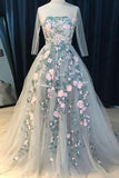 A-Line Crew Court Train 3/4 Sleeves Ivory Tulle Prom Dress with Appliques AHC518