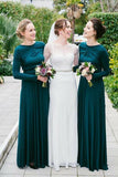 A-Line Crew Long Sleeves Floor-Length Dark Green Stretch Satin Bridesmaid Dress AHC614