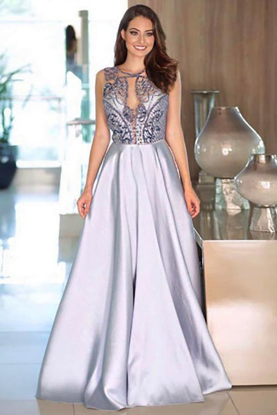 A-Line Crew Sweep Train Silver Satin Sleeveless Prom Dress with Appliques AHC528
