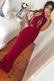 Mermaid High Neck Floor-Length Keyhole Cut Out Dark Red Stretch Satin Prom Dress AHC660 | ballgownbridal