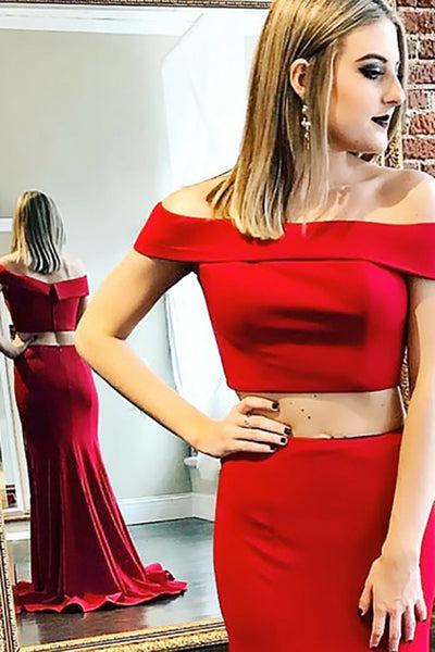 Two Piece Off-the-Shoulder Sweep Train Red Stretch Satin Sleeveless Prom Dress LR234