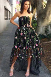 A-Line Strapless High Low Asymmetrical Black Lace Sleeveless Prom Dress LR168