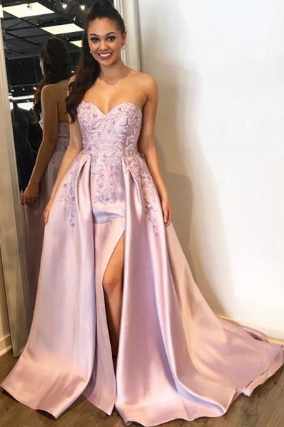 A-Line Sweetheart Over Skirt Lilac Long Appliqued Prom Dress with Beading Split PDA365 | ballgownbridal