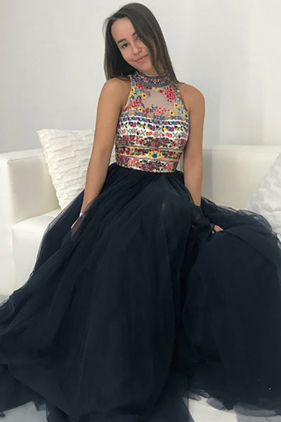 A-Line High Neck Sweep Train Navy Blue Tulle Prom Dress with Embroidery LR274