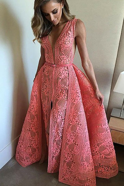 Mermaid Deep V-Neck Floor-Length Split Detachable Watermelon Lace Prom Dress AHC499