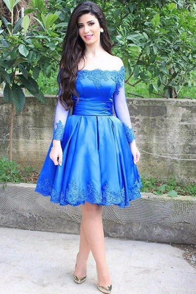 A Line Off the Shoulder Blue Short Homecoming Dresses Long Sleeves PDA116 | ballgownbridal