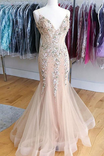 Mermaid Champagne Prom Dresses Spaghetti Straps Evening Dresses PDA216 | ballgownbridal