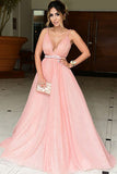 A-Line Deep V-Neck Sweep Train Pink Chiffon Prom Dress with Beading LR278