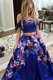 Two Piece Spaghetti Straps Royal Blue Printed Prom Dress with Lace Pockets PDA335 | ballgownbridal