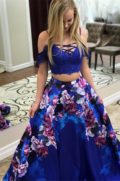 Two Piece Spaghetti Straps Royal Blue Printed Prom Dress with Lace Pockets PDA335 | ballgownbridal