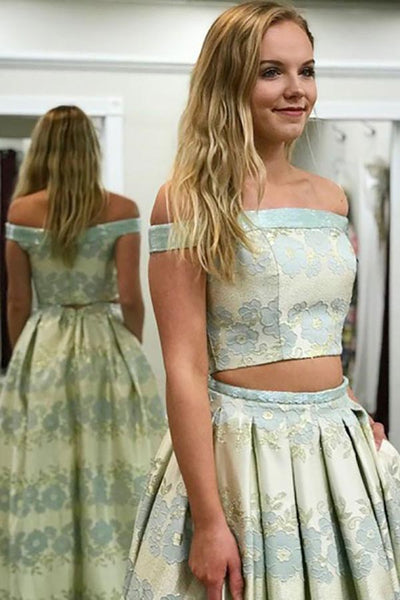 Two Piece Off-the-Shoulder Sweep Train Mint Printed Satin Prom Dress with Pockets LR124