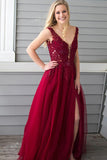 A-Line Deep V-Neck Sweep Train Dark Red Tulle Split Beaded Prom Dress with Appliques LR159
