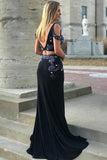 Two Piece Deep V-Neck Cold Shoulder Sweep Train Navy Blue Split Prom Dress with Beading LR120