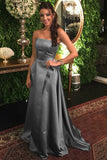 A-Line Strapless Sweep Train Grey Satin Prom Dress with Ruffles PDA314 | ballgownbridal