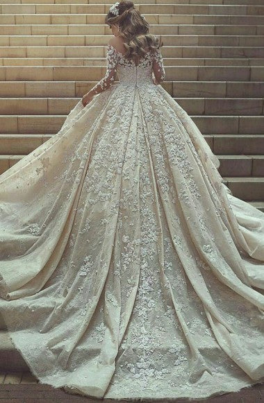 Ball Gown Jewel Chapel Train Long Sleeves White Lace Wedding Dress with Appliques AHC572 | ballgownbridal