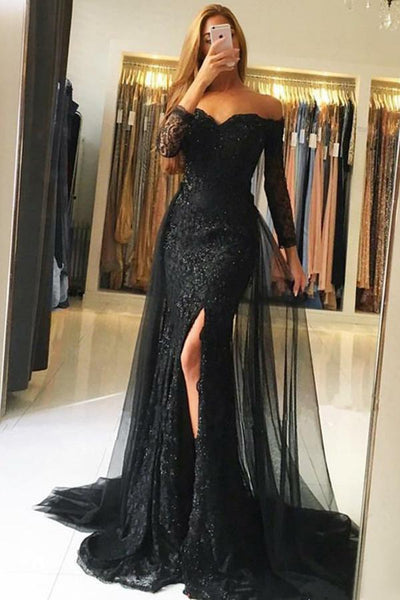 Black Tulle A-Line Off-the-Shoulder Long Sleeves Prom Dress with Lace Sequins  AHC555