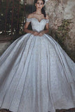 Ball Gown Off-the-Shoulder Court Train Ivory Satin Wedding Dress with Appliques AHC580