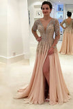 A-Line Deep V-Neck Long Sleeves Split Pink Tulle Backless Prom Dress with Beading LR428